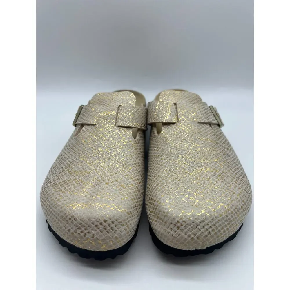 Birkenstock Boston Clogs Men's Size 10 Shiny Gold Python Eggshell New